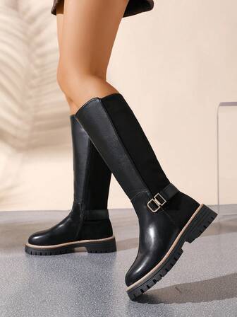 Women's Autumn/Winter Knee-High Boots, Leather & Suede Patchwork Design To Highlight Texture, Metal Buckle Decoration, Classic Boots, Fall, Side Zipper For Easy On/Off, Thermal Lining For Warmth, Round Toe For Comfortable Fit, Suitable For Multiple Occasions, Fashionable Riding Boots