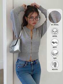 1 pieza Cárdigan de punto de unicolor con cremallera de doble vía, adecuado para vacaciones, uso diario, viajes, fiestas de cumpleaños, citas nocturnas, otoño/invierno