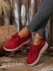 Women's Autumn New Suede Lace-Up Fashion Shoes, Slip-On Comfortable Versatile Casual Sneakers - Red - View 2