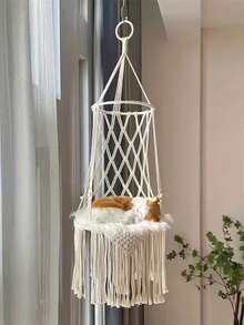 1 件波西米亚手工编织猫吊床秋千 - Macrame 宠物床，悬挂式猫篮椅，透气室内猫家具，送给猫爱好者的母亲节礼物（不含垫子）- 万圣节和圣诞节的完美礼物