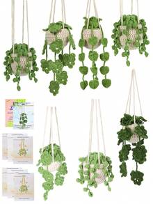 初学者钩针套件，悬挂盆栽植物钩针入门套件，带分步视频教程，初学者完整钩针套件装饰，附带基本配件（配件颜色随机）