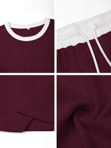 女士夏季休闲修身针织两件套，优雅女士套装，适合运动、健身、派对等场合，包含塑形短袖上衣和直筒裤。 - 酒紅色 - 查看 12