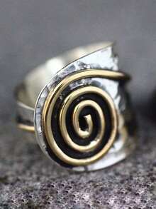 1 件波西米亚复古金属银色和金色漩涡圆形宽开口戒指，男女皆宜，适合日常、度假、派对佩戴 - 彩色 - 查看 1