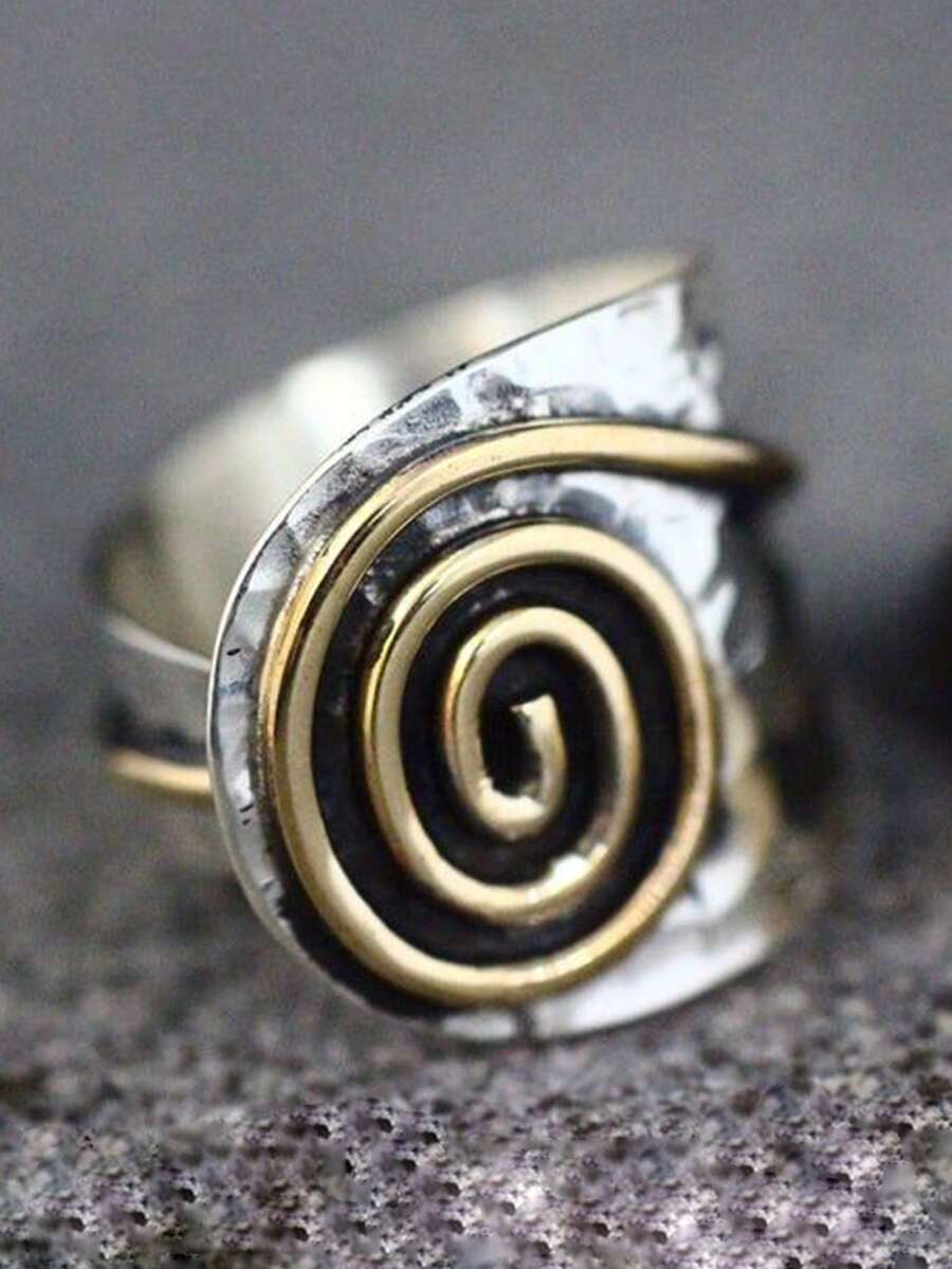 1 件波西米亚复古金属银色和金色漩涡圆形宽开口戒指，男女皆宜，适合日常、度假、派对佩戴 - 彩色 - 查看 1