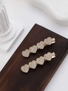 2pcs Pink Heart-Shaped Hair Clip With Rhinestone Decoration, Sweet & Girly - White - View 4