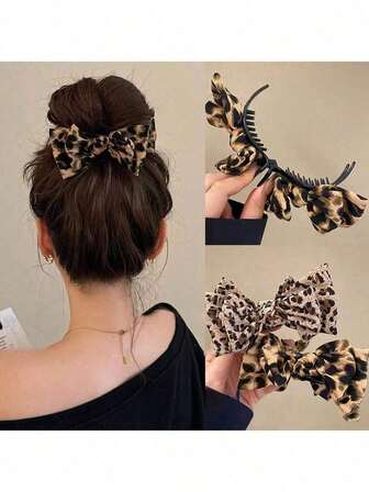 1pc Chic Leopard Print Bow Hair Claw, Large Chic Leopard Print Bow Hair Clip, Elegant Polyester & Spandex Bowknot Hair Clip, - Retro Double-Layer Big Bow Hair Clip Elegant Bow Ball Head Clip High Ponytail Fixed Clip, Vintage-Inspired Fabric Hair Claw For Ponytails & Updos, Y2K Inspired PVC Knot Hair Clip For Women, Perfect Gift Claw Clips Hair Claws Hair Barrettes, School Stuff, Hair Slide, Hair Accessories