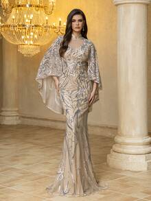 Đầm dạ hội maxi cổ đứng tay áo choàng đính sequin vải lưới UNITHORSE dành cho nữ, thích hợp cho các dịp trang trọng, đầm dạ hội cao cấp, đầm cô dâu, đầm dự tiệc cưới, đầm dự tiệc mùa xuân. - Màu be - Xem 5
