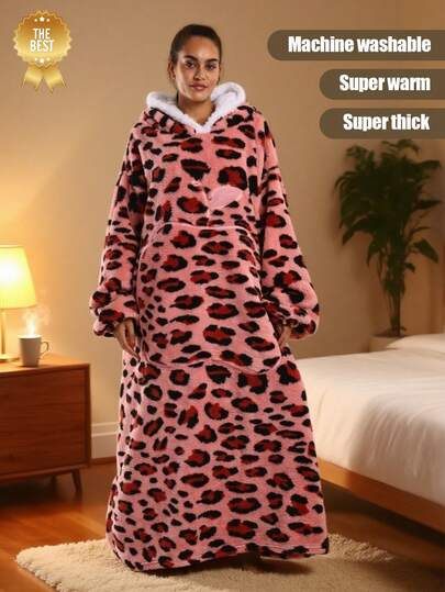 1 set Bata con capucha de felpa de estampado de leopardo en talla grande unisex - Térmica e aislada para días fríos de 0-15°C, con comodidad ligera como una nube, tela suave sin desprendimiento ni pelusas, puños a prueba de viento, cinturón ajustable y bolsillos profundos, lavable a máquina y de secado rápido, para fines de semana relajados, comodidad después de la ducha, citas en casa, noches de TV, salidas de compras y paseos, conjunto de ropa de estar en casa con estilo y cálido para hombres y mujeres