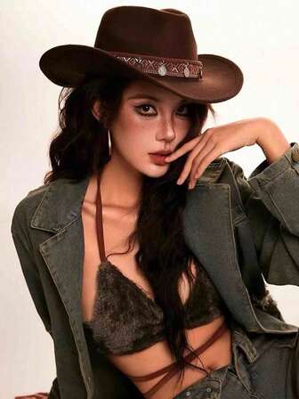 1pc Unisex Vintage Coin Beaded High Quality Faux Suede Wide Brim Hat, Fashion Minimalist European & American Western Cowboy Hat, Suitable For Daily Wear, Western Themed Events, Birthday Parties, Music Festivals