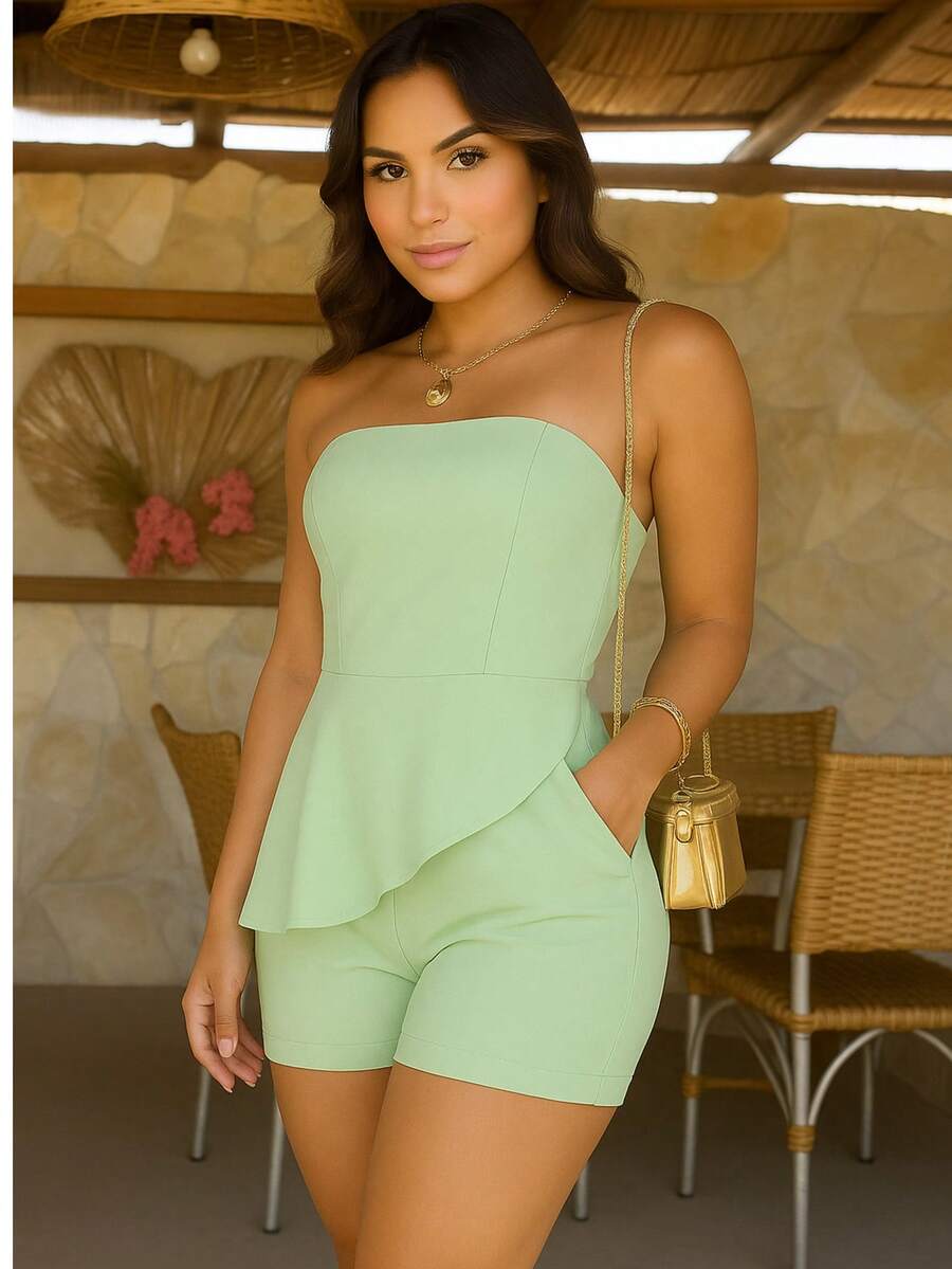 Tailored Set Of Shorts And Strapless Top With Padded Bra - 薄荷綠 - 查看 1