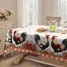 Față de masă vintage cu cocoș, stil rustic, rotundă/dreptunghiulară, imprimeu cu cocoș și flori, potrivită pentru bucătărie, sufragerie, terasă, picnic, curte, utilizare în interior/exterior, cadou pentru familie și prieteni, dimensiuni multiple, 2 opțiuni de design