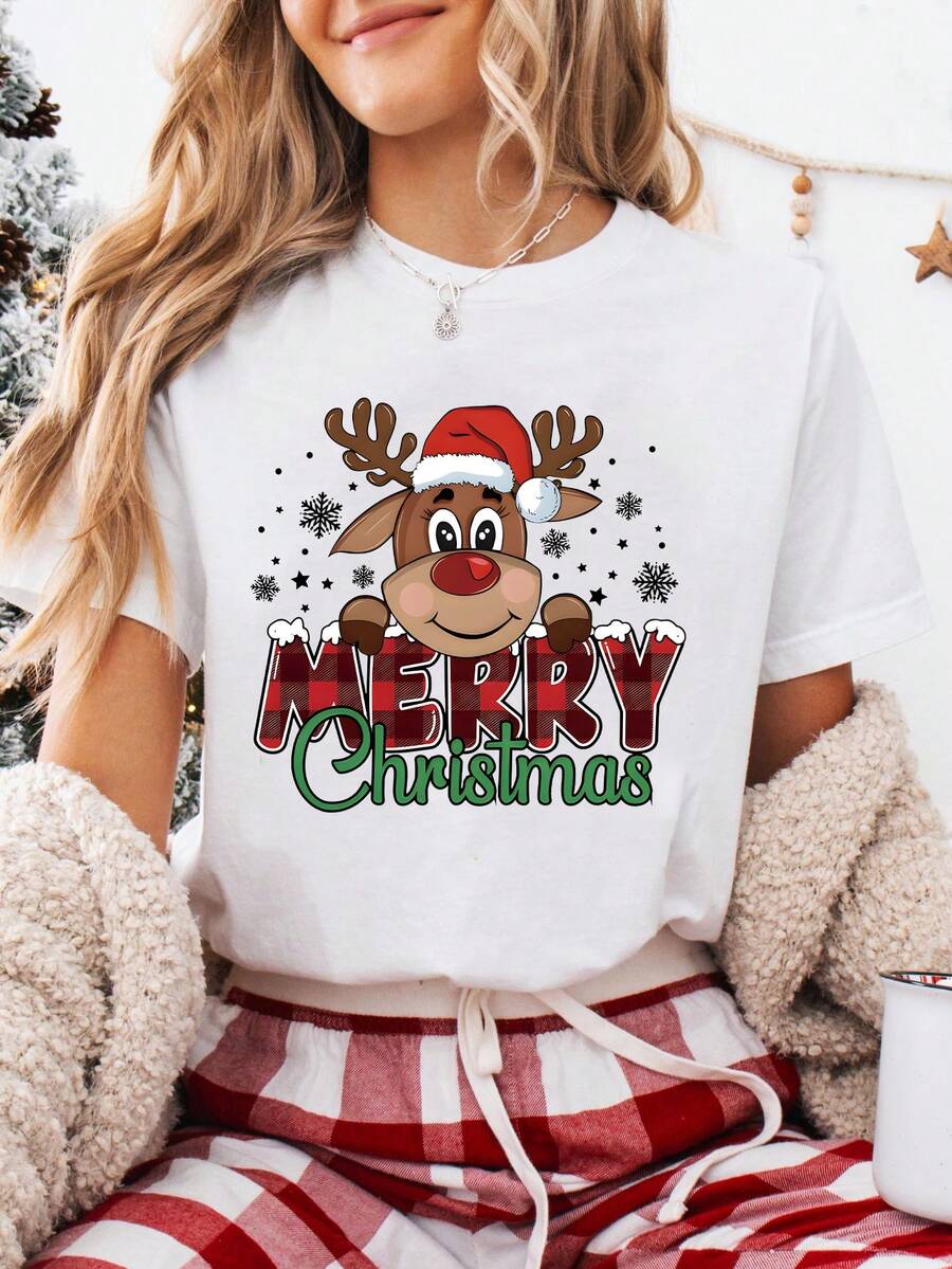 Women's Merry Christmas Reindeer Print T-Shirt, Comfortable Fit Short Sleeve Top, Machine Washable, Casual Wear For All Seasons, Women's Christmas T-Shirt, Christmas Party Shirt, Playful Print Design