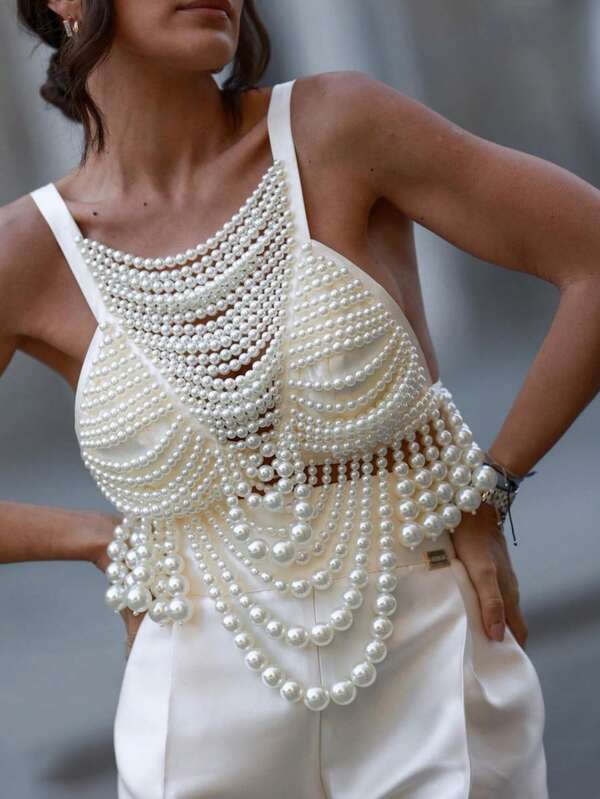 1 pieza Chaleco de mujer de lujo con perlas, top de tirantes finos de estilo elegante para chicas, uso en la calle, para citas, fiestas o vacaciones, regalo para mujeres