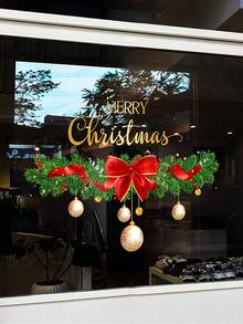 1 件圣诞窗饰 - 静电贴“圣诞快乐”金色字母红色装饰，松枝图案，PVC 贴纸，适用于家庭、商店、派对 - 易于粘贴的节日装饰，优雅的字体设计家居装饰 - 彩色 - 查看 3