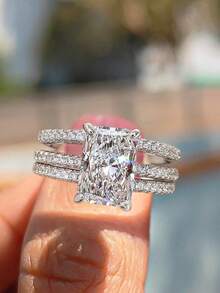 Bộ trang sức bạc S925 đính đá Zirconia sang trọng gồm 3 món, thiết kế độc đáo dành cho nữ, phù hợp cho các bữa tiệc cổ điển, dạ hội, kỷ niệm, một món quà trang sức ý nghĩa dành tặng bạn gái. - Nhẫn kim cương Baguette ba chiếc - Xem 5