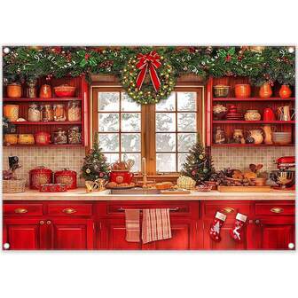 1pc 2D Flat Christmas Kitchen Photography Backdrop, Cabinet Window Winter Snowy Scenery Background, Christmas Family Party Decor, New Year Photo Banner Prop