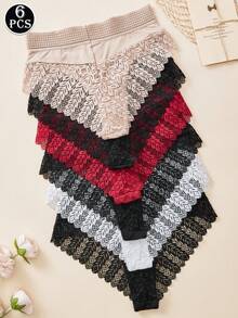 6pcs Ladies High Quality European & American Style Sexy Seamless Breathable Lace Patchwork Panties, Elegant & Cute Fairy-Like