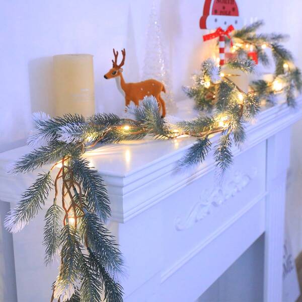 1pc Faux Snow Christmas Garland String Lights, Snowy Artificial Christmas Vine Fairy Lights, Winter Frosted Holiday Pine Wreath/White Cedar Garland Light, For Xmas Tree Stairs Fireplace New Year Decoration-Power By Battery Box (Not Include Batteries)