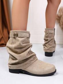 2025 Western Ruched Ankle Boots For Women, Autumn/Winter Vintage Cowboy Riding Boots With Buckle, Holiday Style - Màu be - Xem 5