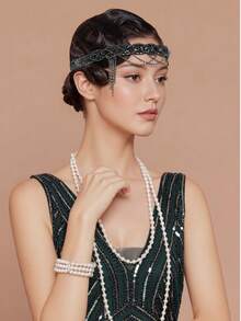 3 件套 1920 年代盖茨比风格轻佻女郎服装配饰套装 20 年代轻佻女郎头饰 复古珍珠项链手套派对头饰 女士