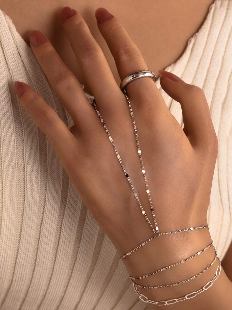 1pc S925 Sterling Silver Gold Three-Layer Slice Finger Bracelet, Gold-Plated Hypoallergenic, Classic Simple Ring Bracelet, Sterling Silver Jewelry, Women's Jewelry, Stackable Zirconia Bracelet, Birthday/Holiday Gift, Plain Chain Bracelet, Suitable For Women's Daily Wear