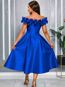 Đầm chữ A dài ngang gối màu xanh hoàng gia bằng satin, trễ vai, cổ bèo nhún của AOMEI dành cho nữ, thích hợp cho khách dự đám cưới mùa xuân và các bữa tiệc cocktail. - Màu xanh lam - Xem 3