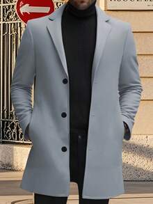 Men's Wool Pea Coat Solid Color Lapel Collar Single Breasted Jacket Warm Mid Length Winter Trench Coat - Grey - View 2