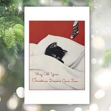 1pc Christmas Greeting Card - Funny Vintage Cat Design, Paper Material, Perfect For Friends, Family, Colleagues - Merry Christmas Wishes Card For Anyone - Multicolor - View 3