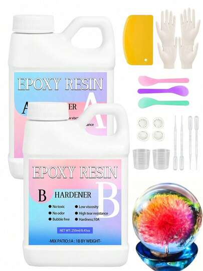 1:1 AB 环氧树脂胶 250ml，透明环氧树脂，不发黄，自流平高光泽，适用于珠宝制作、艺术、工艺品、河流桌环氧树脂套件