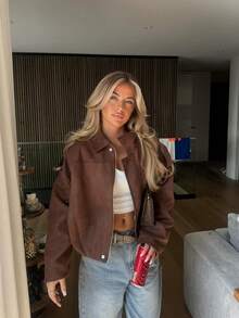 Solid Color Front Zipper Pocket Jacket Coat, Casual Long Sleeve Bomber Jacket For Women, Spring/Autumn Loose Long Sleeve Zipper Retro Jacket, Regular Faux Suede Casual Jacket