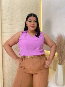 RAINBOW Plain Tank Top Sleeveless Blouse Plain Creppinho With 4 Buttons Plus Size G1G2G3 46-52 Casual Women - 62-LILAIS - 查看 3