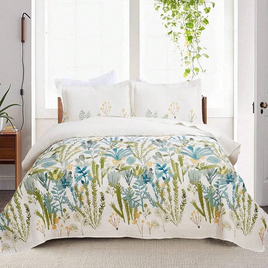Twin/Full/Queen/King Quilt Set, 3 Piece Floral Bedding Set Microfiber Bedspread Coverlets For Beds - زهور الربيع - مشاهدة 1