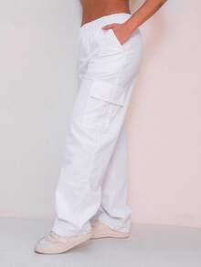 WOMEN'S SKATEBOARD WIDE TWILL CARGO JOGGER PANTS, CASUAL, 5 POCKETS, DRAWSTRING CLOSURE, UNISEX FASHION - 白色 - 查看 5