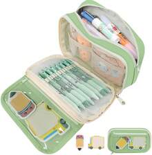 Estuche para Lápices de Gran Capacidad,Cartucheras Escolares,con 2 Notas Autoadhesivas,Estuche de Lápices con Compartimento Expandible,Organizador de Papelería para el Trabajo de Oficina Escolar - VERDE - Ver 8