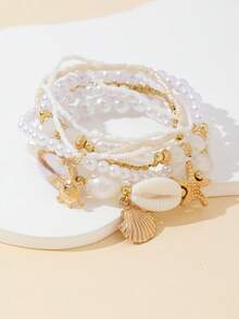 7pcs/Set Rice Bead, Pearl, Alloy Starfish Decor Multi-Layer Bracelet For Women