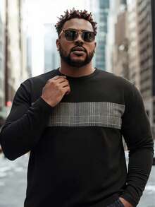 男士休闲长袖T恤，黑色格子图案，轻薄透气，适合旅行穿着，也可作为礼物送给朋友。