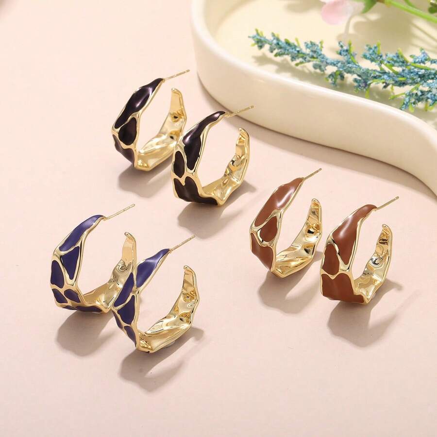 1 Pair Fashionable Colorful Painting Series Spiral Textured Metal Design Earrings, Women's Holiday Gift