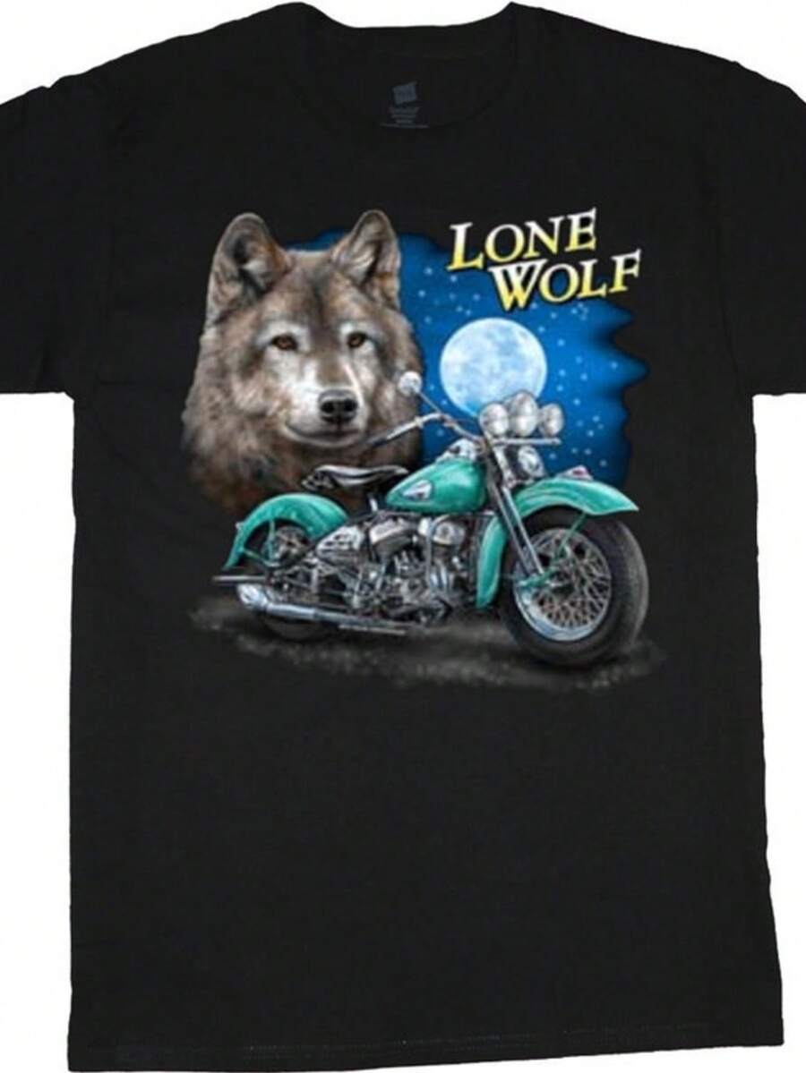 Lone Wolf T-Shirt Mens Biker Gifts Graphic Tees - 黑色 - 查看 1