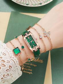 5pcs/Set Elegant Green Strap Quartz Watches With Rhinestones For Women, Suitable For Holidays, Birthdays, Gifts For Loved Ones - Multicolor - View 4