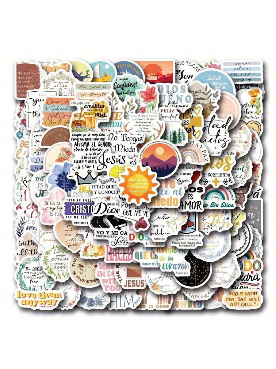 100pcs/Pack Spanish Bible Verses & Inspirational Quotes Vintage Romantic Aesthetic Stickers, Cute & Fun Graffiti Vinyl Stickers For Party Decoration, Gifts, Luggage, Skateboard, Cups, Helmets, Stationery