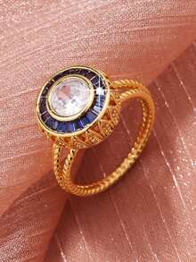 1枚时尚奢华圆形合成立方氧化锆男士戒指，适合日常佩戴、派对、节日、生日、情人节、圣诞节、新年礼物 - 金黃色 - 查看 9