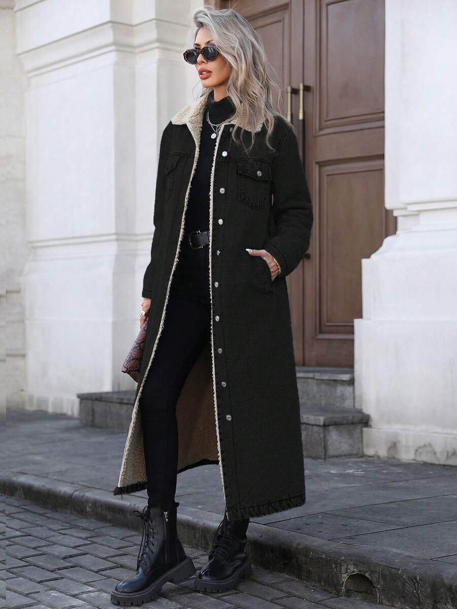 Mobula Sound# Veste longue en jean décontractée et mode pour femme, doublée thermiquement, idéale pour l'automne et l'hiver - Lavage général noir - Voir 1