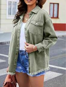 Women's Solid Color Casual Denim Jacket With Pockets & Frayed Edges, Long Sleeve, Spring Autumn - Green - View 4