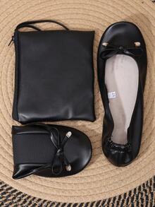 四季新款轻盈赤足软底蝴蝶结装饰多功能芭蕾平底鞋，可折叠套穿式室内/舞蹈鞋，女士款，附赠配套收纳袋 - 黑色 - 查看 5