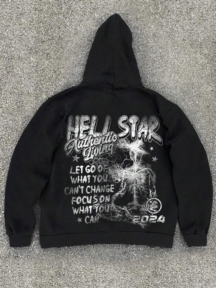 Men Graphic Long Sleeve Cotton Pullover Hoodies, Y2K Streetwear, Grunge Goth Jesus Style, Halloween And Christmas Gift For Couples, - 黑色 - 查看 1