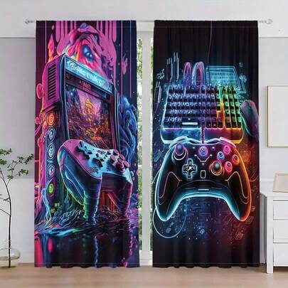 2pcs Colorful Game Controller Keyboard Pattern Digital Print Curtains, Polyester Material, Suitable For Living Room, Game Room, Kitchen, Bedroom, Dining Room, Home Decor