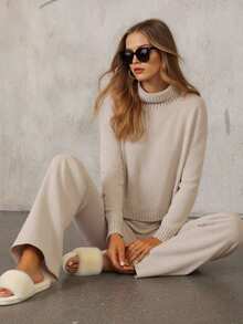 2 piezas Conjunto de suéter de unicolor para mujer, para uso diario, otoño/invierno