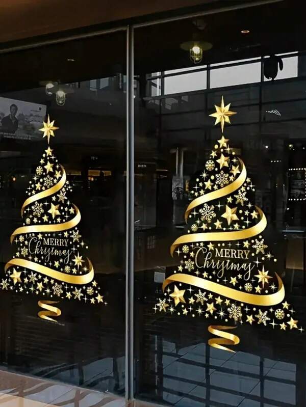 1 szt. Naklejka choinkowa, odpowiednia na okna – złota naklejka świąteczna z gwiazdami i płatkami śniegu – bez prądu, bez piór, świąteczna dekoracja na szklanej powierzchni – odpowiednia do dekoracji biura i ogrodu