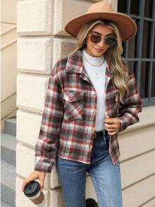 Autumn And Winter Women's Long Sleeved Loose Pocket Plaid Jacket