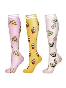 3 Pairs Of Compression Socks For Men And Women,Cartoon Food Pattern, Soft And Comfortable, Suitable For Running, Fitness, Cycling, Holiday Gifts